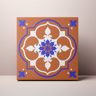 Elegant Terracotta and Blue Flower Azulejo Tile