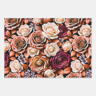 Elegant Terracotta and Burgundy Roses Dark Floral Wrapping Paper Sheet