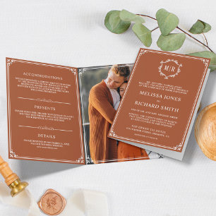Elegant Terracotta and White Monogram Wedding Invitation