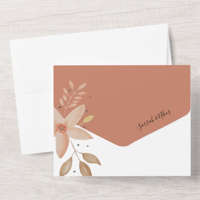 Elegant Terracotta Blush Watercolor Flowers All In One Invitation (Back)