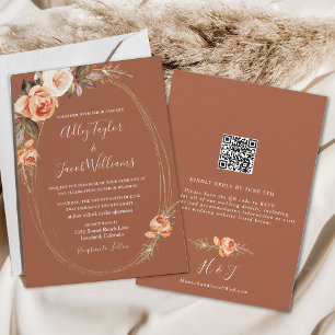 Elegant Terracotta Boho Floral QR Code Wedding Invitation