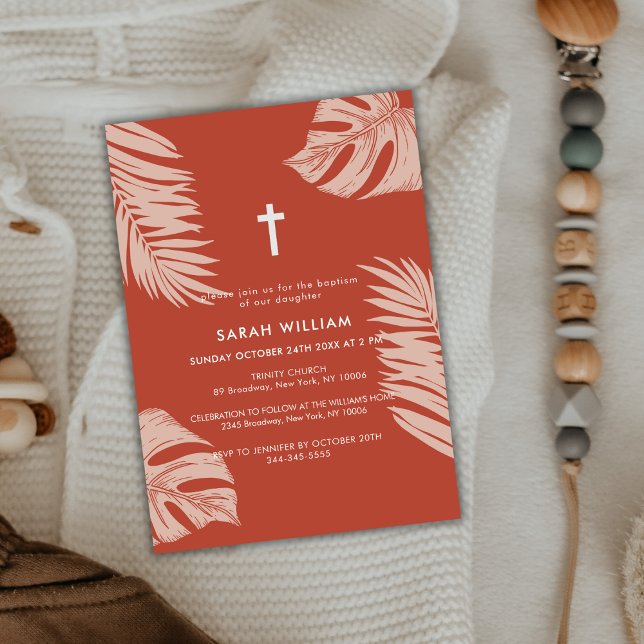 Elegant Terracotta Boho Leaves Cross Baptism  Invitation (Elegant Terracotta Boho Leave Gold Cross Baptism Invitation)