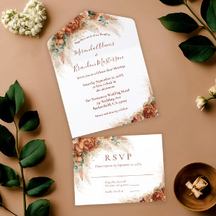 Elegant Terracotta Boho Pampas Grass Wedding All In One Invitation