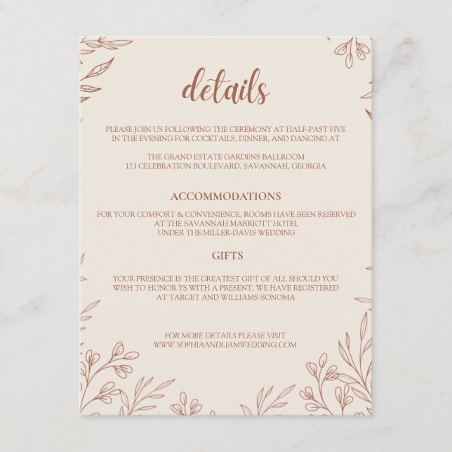 Elegant Terracotta Botanical Monogram Details Enclosure Card (Front)