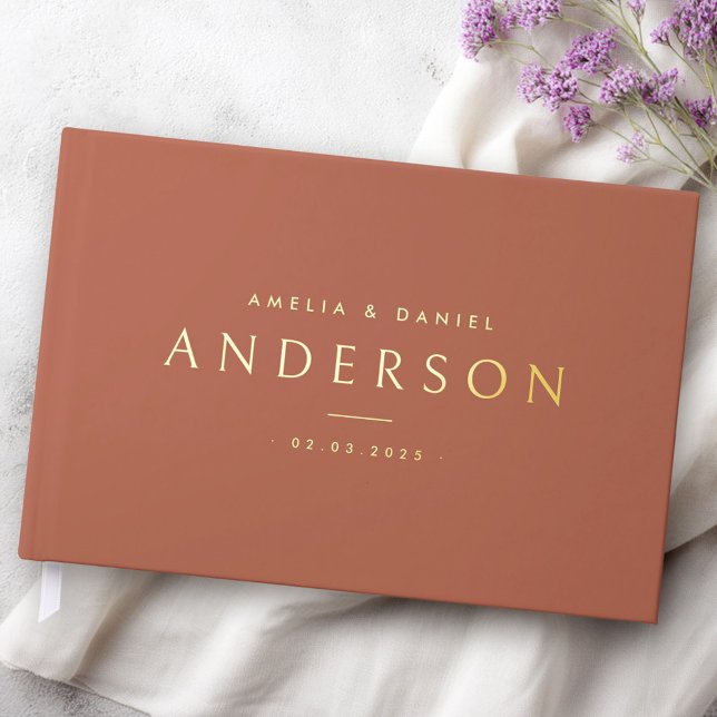 Elegant terracotta brown wedding names date real guest book (Elegant terracotta brown wedding names date real foil guest book)