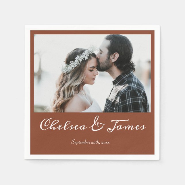 Elegant Terracotta Calligraphy Photo Wedding Party Napkin (Front)