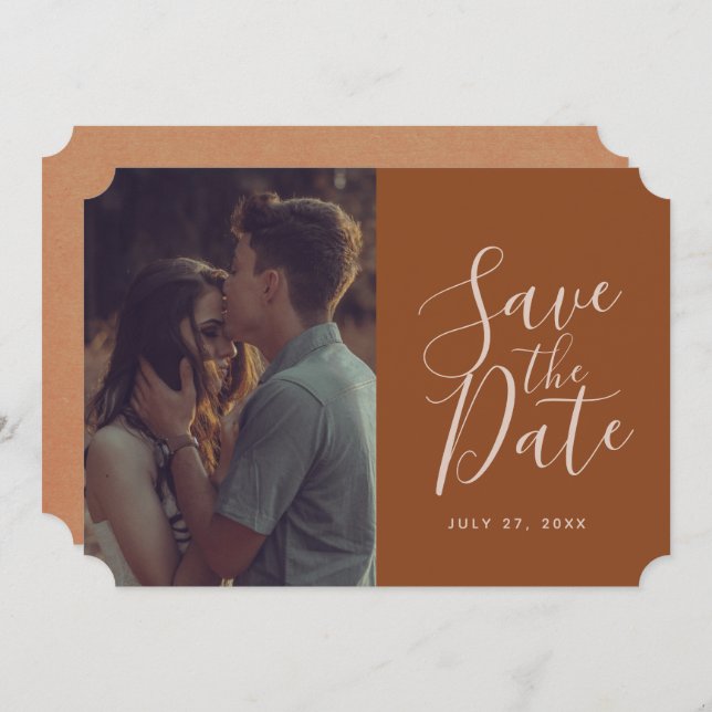 Elegant Terracotta Calligraphy Save The Date Photo Invitation (Front/Back)