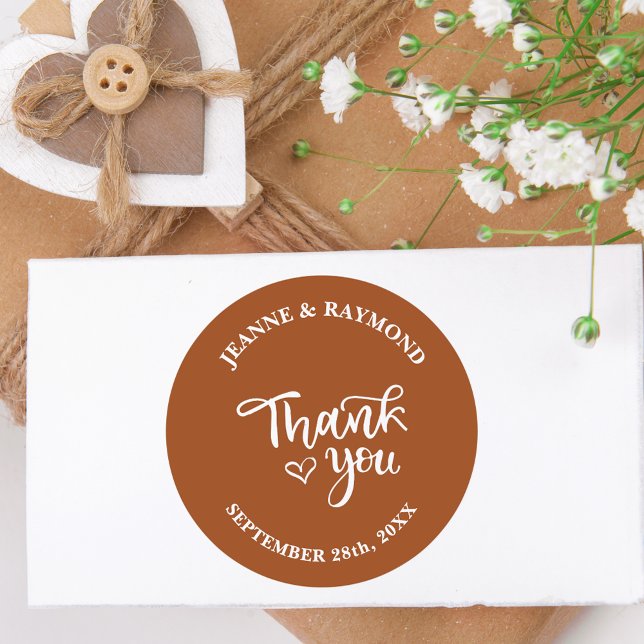 Elegant Terracotta Calligraphy Thank You Wedding Classic Round Sticker (Creator Uploaded)