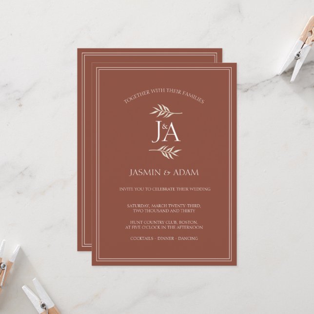Elegant Terracotta Classic Initials Wedding  Invitation (Front/Back In Situ)