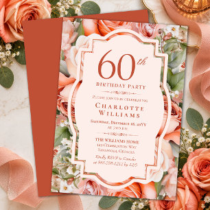 Elegant Terracotta Coral Roses 60th Birthday Party Invitation