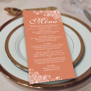 Elegant Terracotta Coral & White Curls Wedding Menu