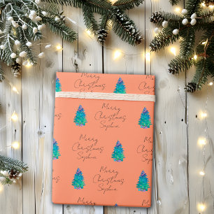 Elegant Terracotta Custom Merry Christmas Tree Wrapping Paper