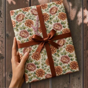 Elegant Terracotta Dahlias & Eucalyptus Floral Wrapping Paper