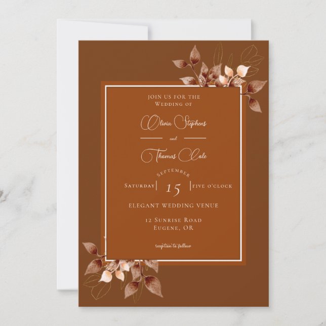 Elegant Terracotta Eucalyptus Burnt Orange Wedding Invitation (Front)