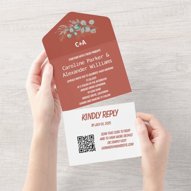 Elegant Terracotta Eucalyptus RSVP Photo QR Code  All In One Invitation (Tearaway)