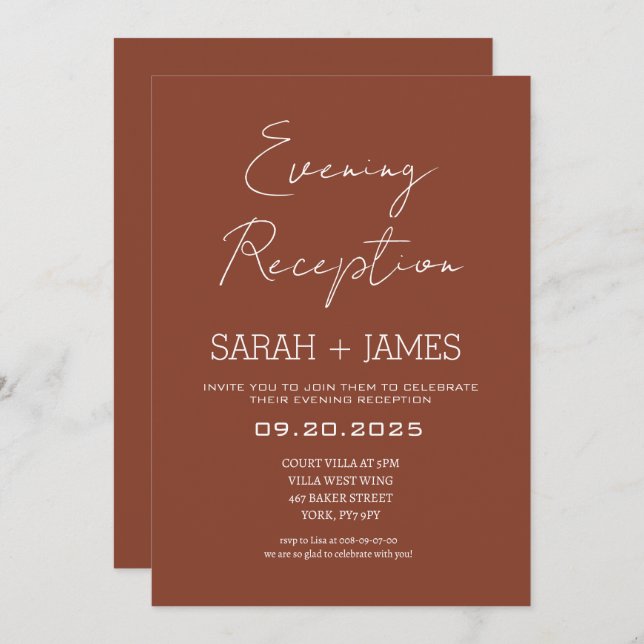 Elegant Terracotta Evening Reception Wedding  Invitation (Front/Back)