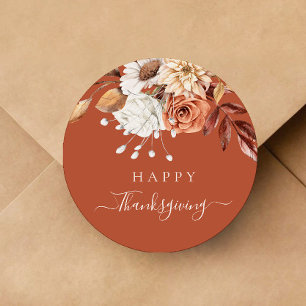 Elegant Terracotta Fall Floral Happy Thanksgiving Classic Round Sticker