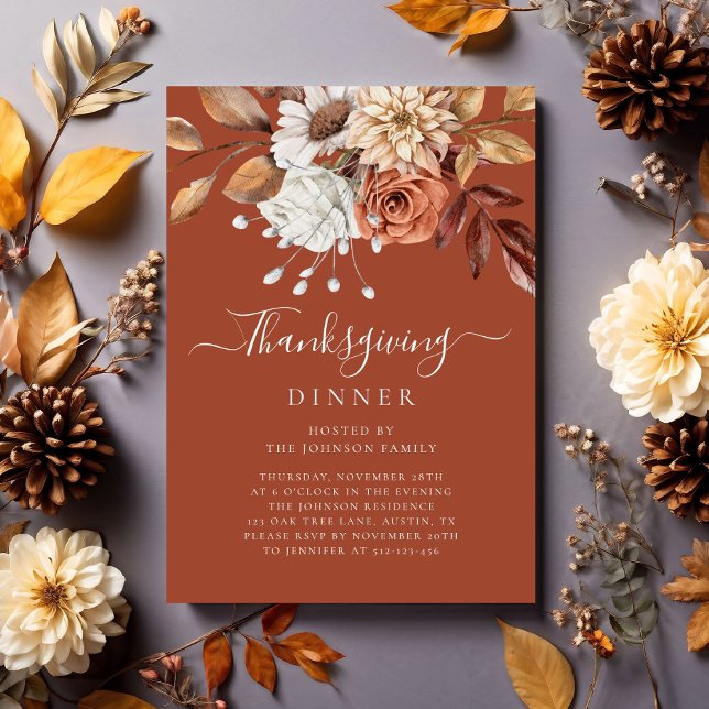 Elegant Terracotta Fall Floral Thanksgiving Dinner Invitation (Elegant Terracotta Fall Floral Thanksgiving Dinner Invitation)
