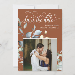 Elegant Terracotta Fall Green Leaves QR Code Photo Save The Date