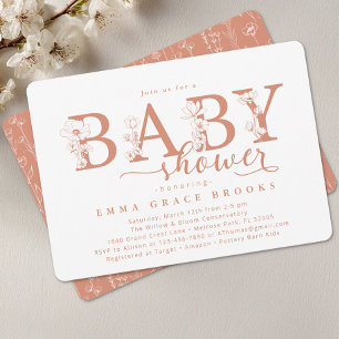 Elegant Terracotta Floral Baby Shower Typography Invitation