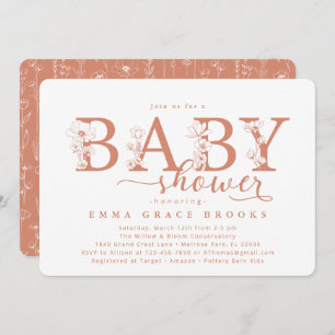 Elegant Terracotta Floral Baby Shower Typography Invitation