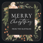 Elegant Terracotta Floral Boho Christmas Name  Square Sticker<br><div class="desc">These beautiful Christmas holiday gift stickers feature a hand painted floral design in dark olive green, terracotta burnt orange, and ivory over a black background (colour can be customised, if desired). Stylish typography reads, "Merry Christmas." Easy to personalise for unique holiday gift labels! For design enquiries, please email me (Tracey)...</div>
