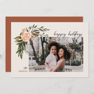 Elegant Terracotta Floral Boho Photo   Holiday Card