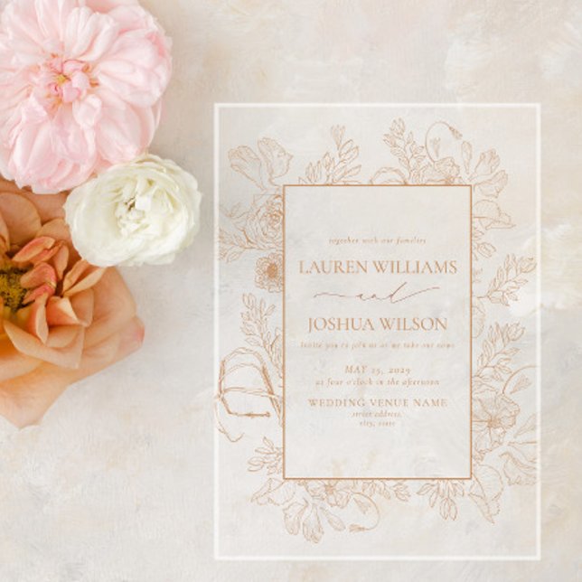 Elegant Terracotta Floral Line Art Wedding Acrylic Invitations (Creator Uploaded)