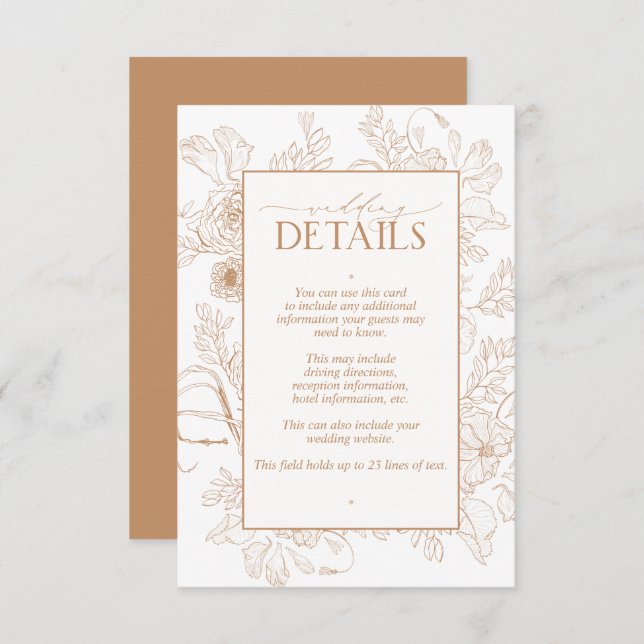 Elegant Terracotta Floral Line Art Wedding Details Enclosure Card (Front/Back)
