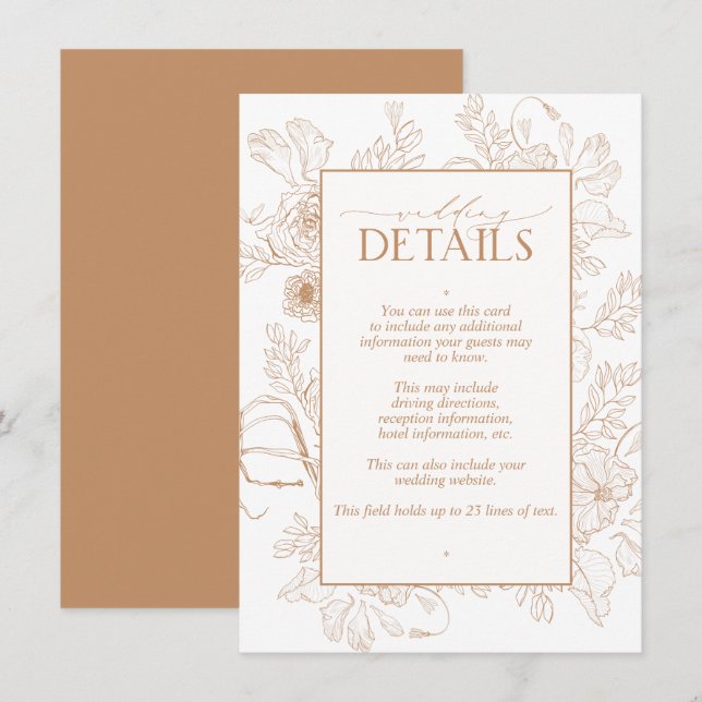 Elegant Terracotta Floral Line Art Wedding Details Enclosure Card (Front/Back)