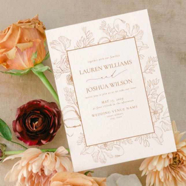 Elegant Terracotta Floral Line Art Wedding Invitation (Creator Uploaded)