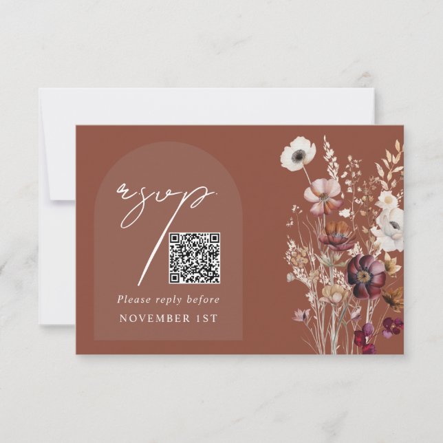 Elegant Terracotta Floral QR Code Arch Wedding RSVP Card (Front)