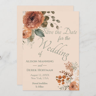 Elegant Terracotta Floral Wedding Save the Date Holiday Card