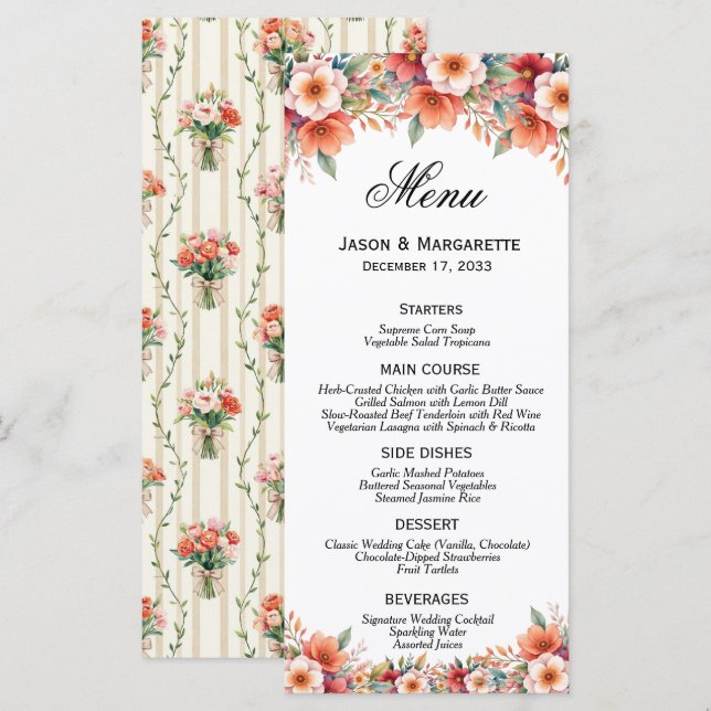 Elegant Terracotta Florals Burnt Orange Modern Menu (Front/Back)