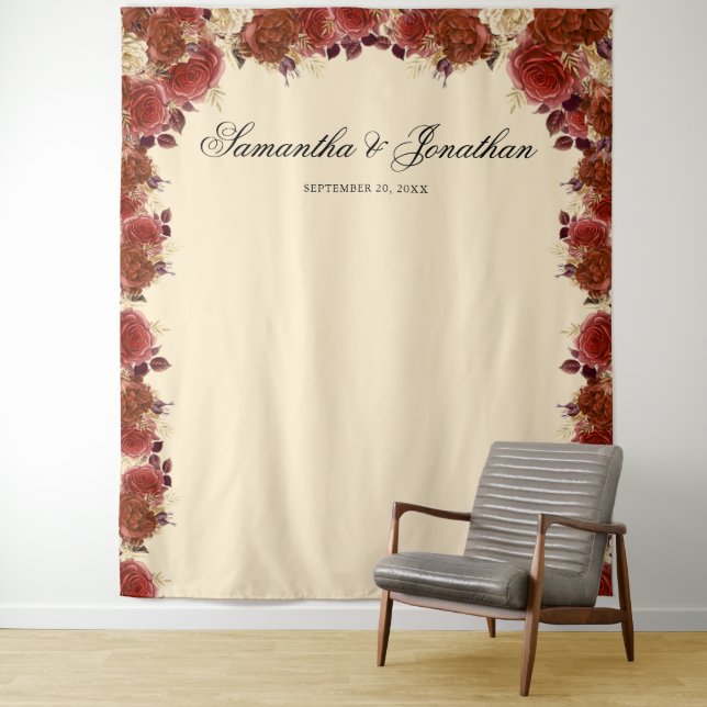 Elegant Terracotta Flowers Wedding Backdrop Tapestry (In Situ)