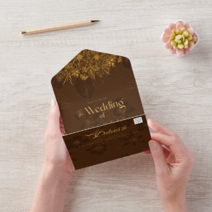 Elegant Terracotta Gold Floral Photo Wedding  All In One Invitation