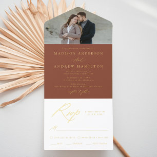 Elegant Terracotta Gold Foil Calligraphy Wedding All In One Invitation