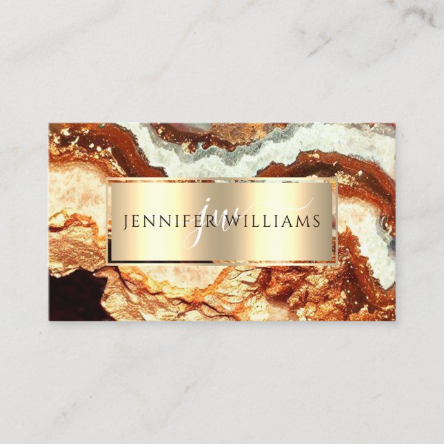 Elegant Terracotta Gold Marble Agate Geode QR Code Business Card (Front)