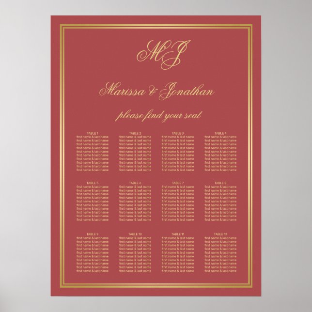 Elegant Terracotta Gold Monogram Frame Seating Poster (Front)