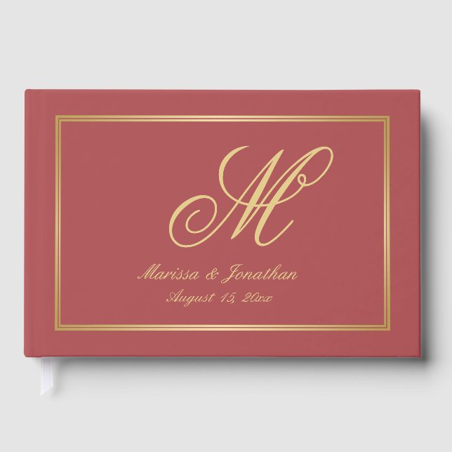 Elegant Terracotta Gold Monogram Script Wedding  Guest Book (Front)