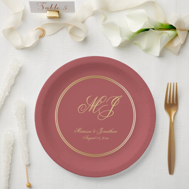 Elegant Terracotta Gold Monogram Script Wedding Paper Plate (Wedding)