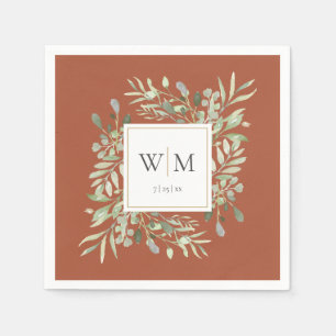 Elegant Terracotta Greenery Gold Monogram Napkin