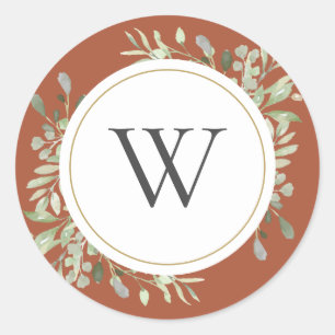 Elegant Terracotta Greenery Monogram Initial Classic Round Sticker