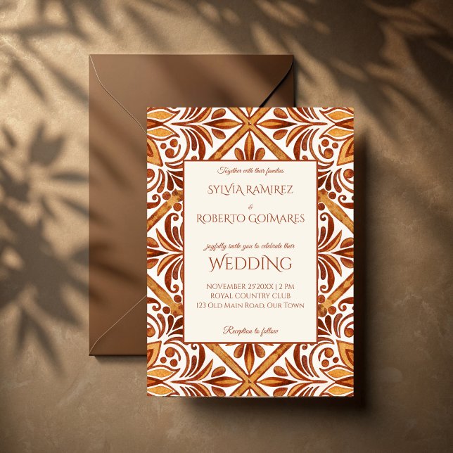 Elegant Terracotta Mexican Talavera wedding Invitation (Terracotta Mexican Talavera wedding Invitation template elegant vintage Talavera wedding invites )