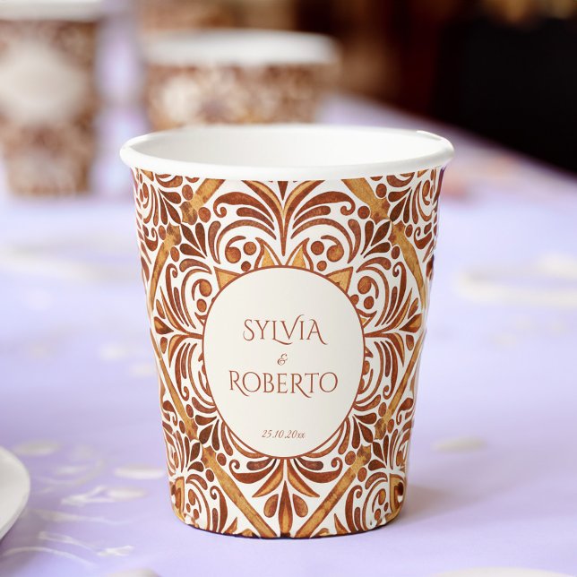 Elegant Terracotta Mexican Talavera wedding Paper Cups (Elegant Terracotta Talavera vintage Mexican wedding monogrammed Paper Cups personalized tableware)