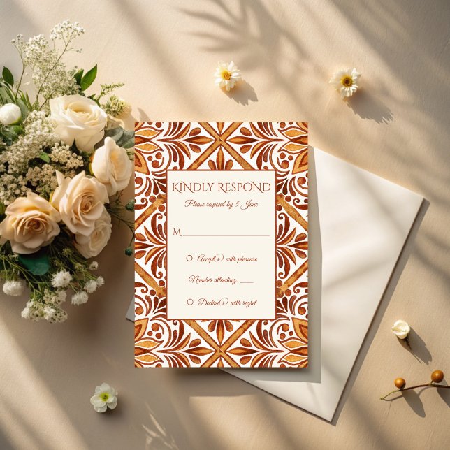 Elegant Terracotta Mexican Talavera wedding RSVP Card (Elegant Terracotta Talavera vintage Mexican wedding RSVP Card Talavera wedding invitation suite)