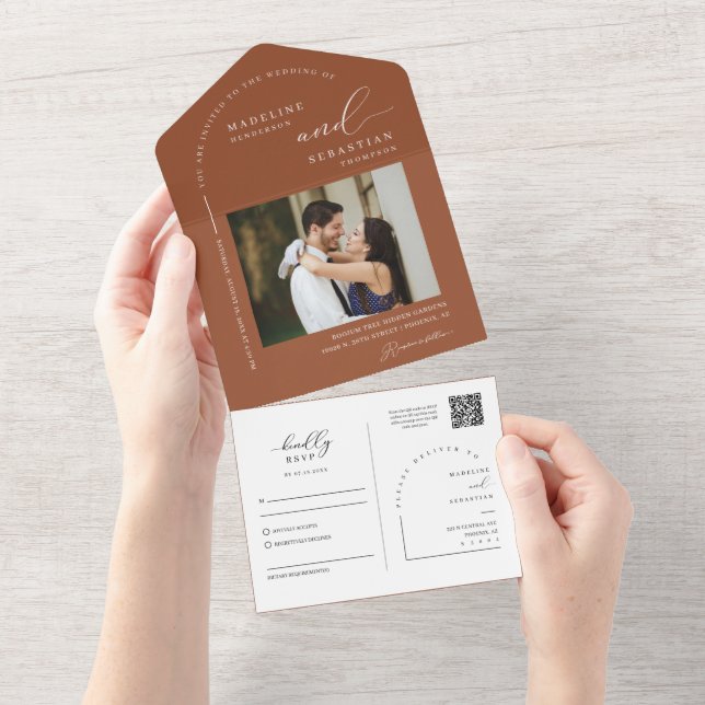Elegant Terracotta Minimal Arch QR Code Photo All In One Invitation (Tearaway)