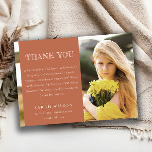 Elegant Terracotta Minimal Clean Photo Graduation Thank You Card