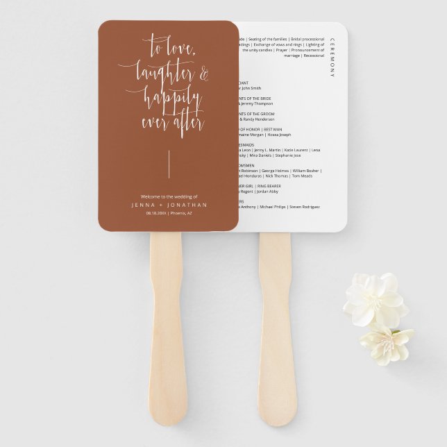 Elegant Terracotta Minimal Script Wedding Program Hand Fan (Front and Back)
