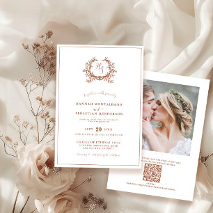 Elegant Terracotta Monogram Crest QR Code Wedding Invitation